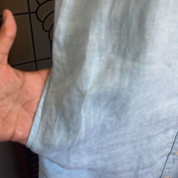 Pure Navy Linen Teal Button Down Midi Shirt Dress Pockets Beachy Coastal Size S - Picture 11 of 14